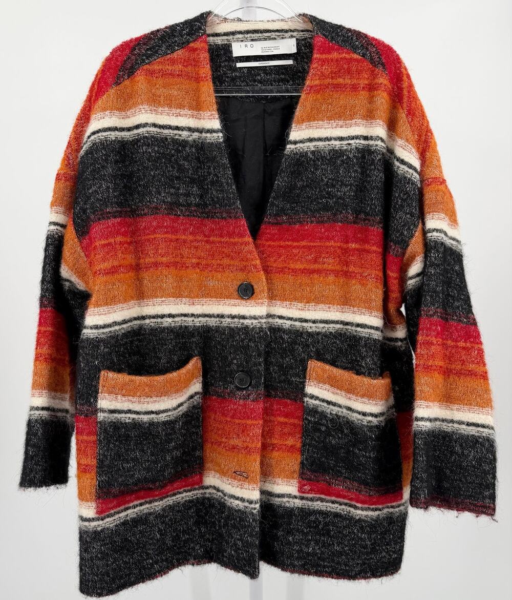 IRO Beverly Stripe Wool Blend Oversized Blanket Coat Jacket Red Multi 36 Small